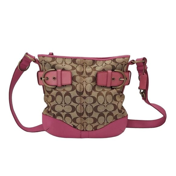 Auth COACH Signature Soft Duffle F03574 Khaki Pink Jacquard Leathe - Picture 1 of 13